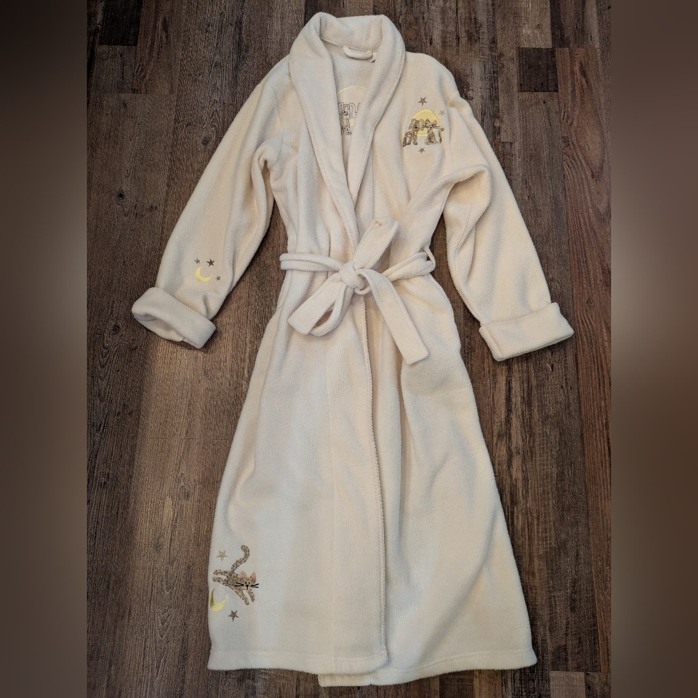 Vintage Delicates Fleece Cream Robe Embroidered Cats and Dogs Moon Stars Size L